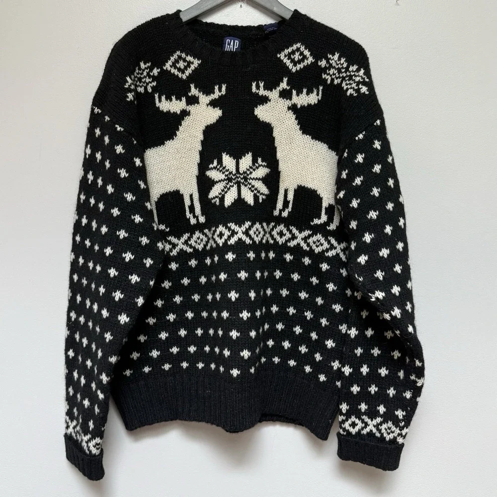 GAP Shetland Wool Deer Sweater Knit Black Mens XL Oversized Snow Warm
